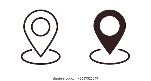Dos iconos simples del alfiler de la ubicación, un contorno y uno llenado, aislados en blanco. Perfecto para mapas, App y navegación.