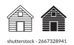 Two simple log cabin icons, one line art and one solid black, isolated on white.