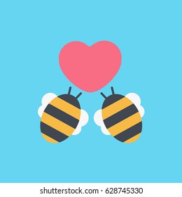 two simple modern cute & sweet bee with a big red heart love & happy like clean greeting card, wedding invitation or print for valentines day in nature