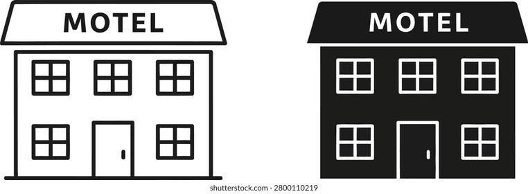 Two simple motel graphics one line drawing and one silhouette represent overnight accommodation options for travelers.