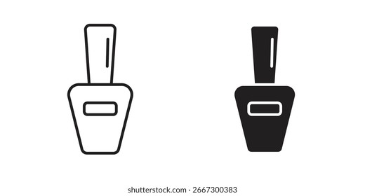 Dos iconos simples de la botella del esmalte del clavo, un arte de la línea y un negro sólido, aislados en blanco.