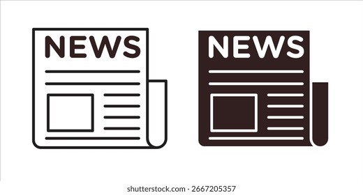 Dos iconos de periódico simples, uno negro y otro blanco, aislados sobre fondo blanco. Perfecto para noticias, medios de comunicación o conceptos de publicación.