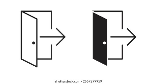 Dos simples iconos de puerta abierta con flecha derecha que indica salida o entrada. Arte lineal y versiones en negro sólido.