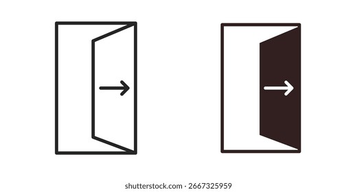 Dos iconos simples de puertas abiertas, una línea de arte, uno lleno, ambos con una flecha que indica la dirección. Aislado sobre fondo blanco.