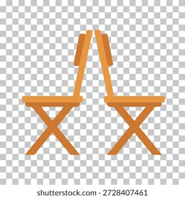 Two simple, orange-brown wooden folding chairs are depicted back-to-back, with a flat design against a transparent background.