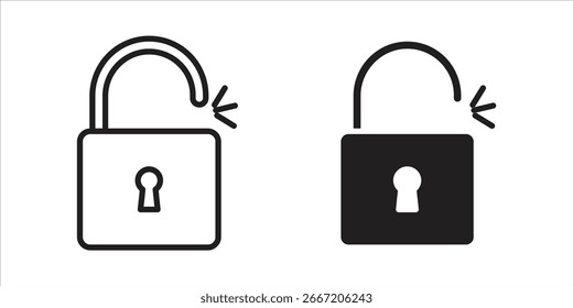 Dos iconos de candado simples, una línea de arte, uno lleno, mostrando un estado desbloqueado. Aislado en blanco.