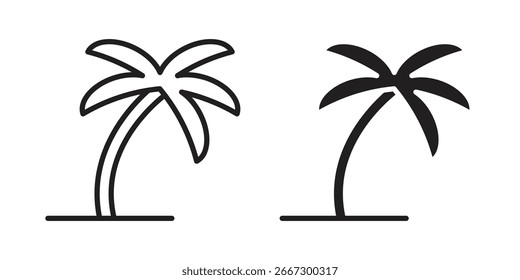 Dos iconos simples de la palmera, una línea de arte y uno lleno, aislado en blanco.