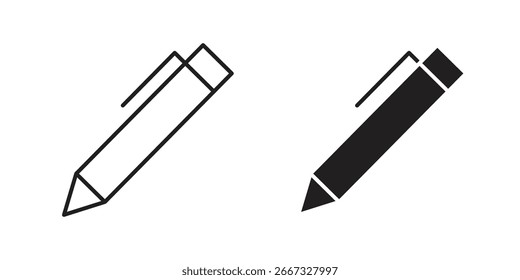 Two simple pen icons, one black and one outline, are diagonally positioned against a white background.