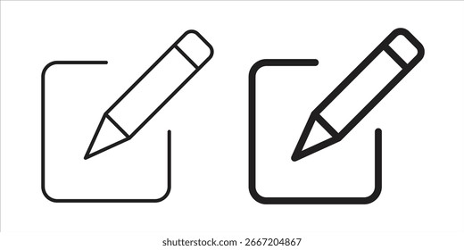 Dois ícones de lápis simples dentro de caixas quadradas. Design limpo e moderno, isolado no branco.
