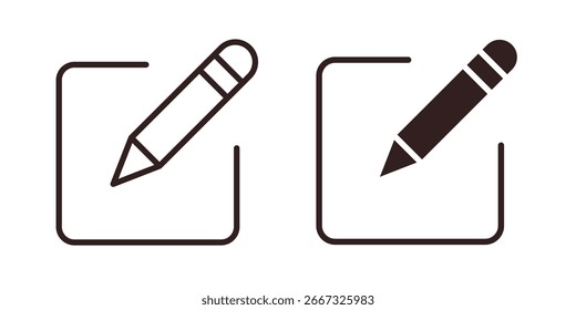 Zwei einfache Bleistiftsymbole innerhalb quadratischer Rahmen, eines mit Umrissen, eines mit Füllung. Einzeln auf weiß.