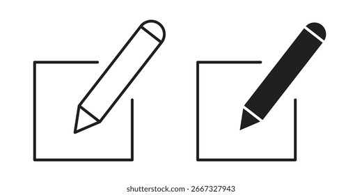 Two simple pencil icons inside checkboxes, one line art, one filled. Isolated on white.