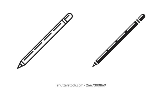 Dois ícones simples de lápis, uma arte de linha e um preto sólido, isolado no branco.