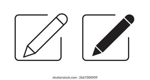 Dos iconos de lápiz simples, una línea de arte, uno sólido, dentro de marcos cuadrados, aislados en blanco.