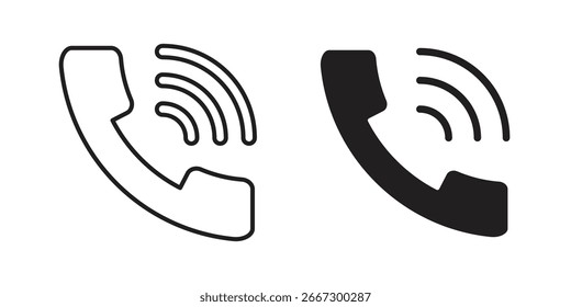 Dois ícones de telefone simples, um esboço e um sólido, representando uma chamada recebida. Isolado no branco.