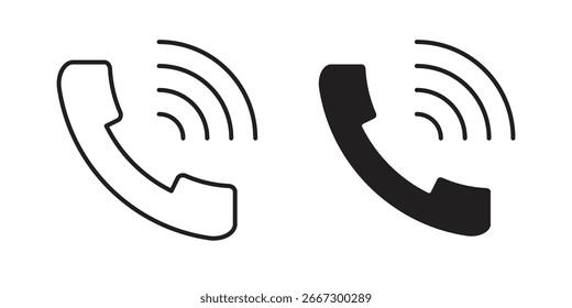 Dos iconos de teléfono simples, un contorno y un sólido, ambos sonando, aislados en blanco.