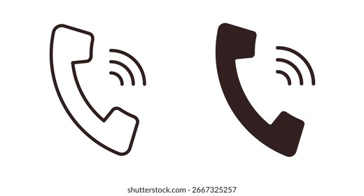 Dos iconos de teléfono simples, una línea de arte, uno lleno, ambos sonando, aislado en blanco.