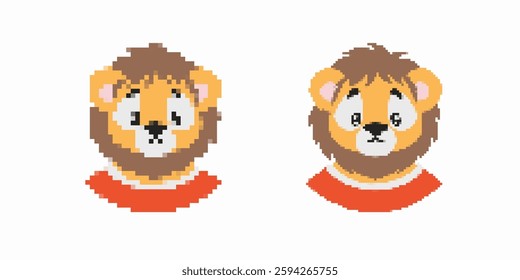 Two simple pixel art lions with distinct hairstyles. both have a friendly expression and plain colors.