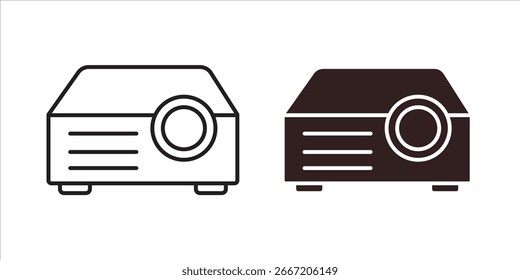 Dois ícones de projetor simples, um em preto e um em uma arte de linha branca, isolados no fundo branco.