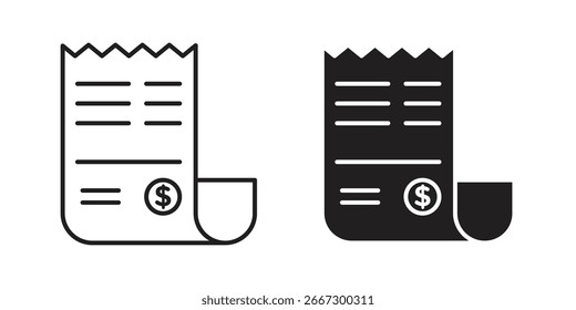 Dos iconos Comprobante simples, una línea de arte y un sólido negro, aislado en blanco. Perfecto para App de finanzas o Sitios web.