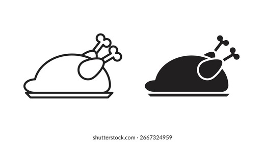 Dos simples iconos de pollo asado, una línea de arte y un sólido negro, aislado en blanco.
