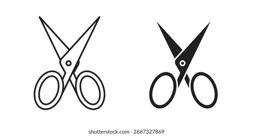 Dois ícones de tesoura simples, uma arte de linha e um preto sólido, isolados em branco. Perfeito para design gráfico ou uso da Web.