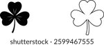 Two simple shamrock illustrations one black silhouette, one white outline. Classic Irish symbols representing luck and St. Patrick