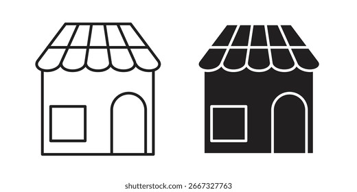 Two simple shop icons, one line art and one solid black, isolated on white. Perfect for business or retail branding.