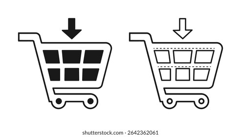 Two simple shopping cart icons are shown, one with filled squares representing items and the other with outlined squares. Both feature a downward arrow indicating the addition of items.