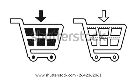Two simple shopping cart icons are shown, one with filled squares representing items and the other with outlined squares. Both feature a downward arrow indicating the addition of items.