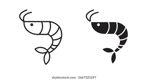 Dos iconos de camarón simples: una línea de arte, un negro sólido. Perfecto para menús, App o Sitios web.