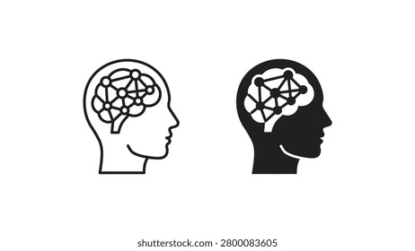 Two simple silhouette heads side by side showing brain connectivity with network lines inside. Ideal for medical, tech, or education concepts.