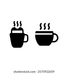 Two simple, silhouette-style coffee cups, filled with hot beverages and emitting steam, are shown against a white background.