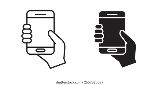 Dos iconos simples del smartphone en una mano; una línea de arte, un negro sólido, aislado en blanco.