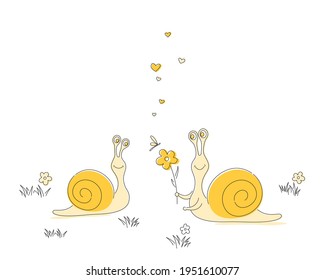 Two simple snails with flower. Snail gives a flower his girlfriend.