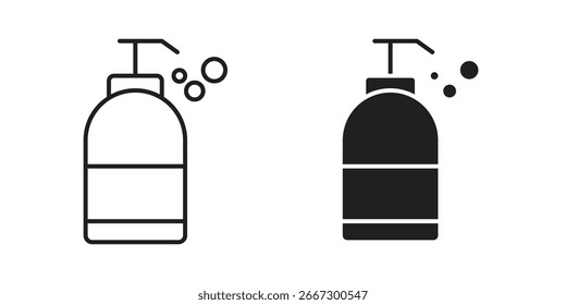 Dos iconos simples del dispensador del jabón: una línea del arte, un negro sólido. Ambos muestran burbujas, aisladas en blanco.