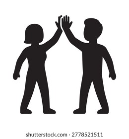 Two simple, solid black silhouette figures stand facing each other, giving a high five with their right hands raised. The figures are stylized with minimal detail, lacking facial features or textures,.