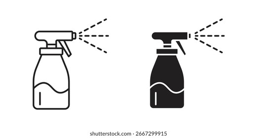 Zwei einfache Sprühflaschensymbole, eine Linie und ein massives Schwarz, einzeln auf Weiß. Ideal für Illustrationen zu Reinigungs-, Gartenarbeit- oder Kosmetikprodukten.