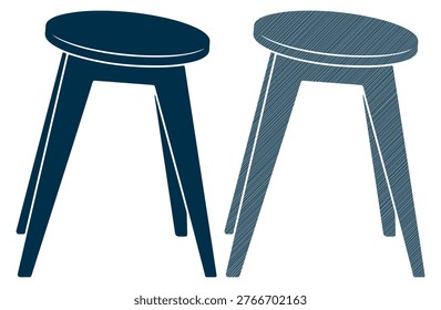 Two simple stools, one solid blue and one hatched blue, isolated on white background.