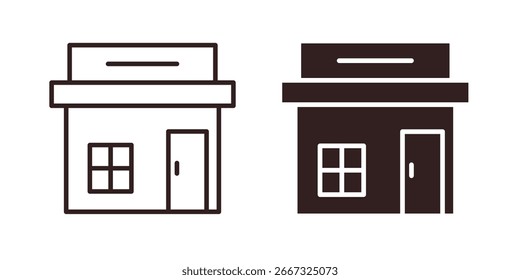 Two simple store building icons, one in line art and one filled, isolated on white.