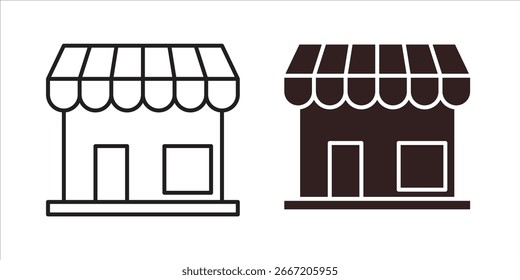 Two simple store icons, one black and one line art, isolated on white. Perfect for retail, business, and website design.