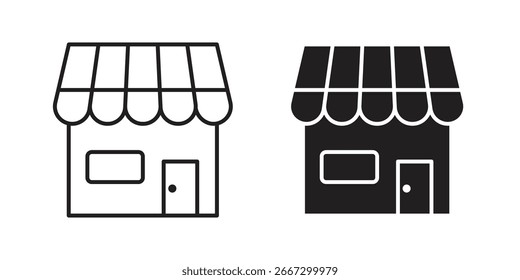 Two simple store icons, one line art and one solid black, isolated on white. Perfect for websites and apps.