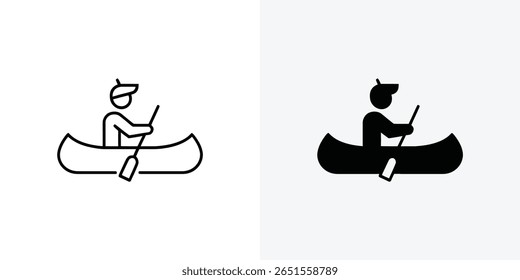 Dois ícones de silhueta de estilo simples exibindo um indivíduo usando um boné enquanto sentado em uma canoa, remo com uma única pá, definido contra um fundo branco limpo.