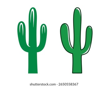 Two simple, stylized green saguaro cacti with rounded edges and dark outlines are depicted against a clean white background. The cacti are presented side-by-side, showcasing a minimalist design.