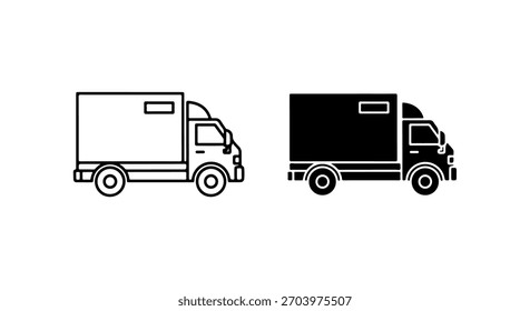 Two simple, stylized illustrations of delivery trucks, one in outline and one in solid black, on a white background.