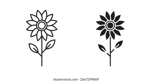 Two simple sunflower icons, one line art and one solid black, isolated on white.