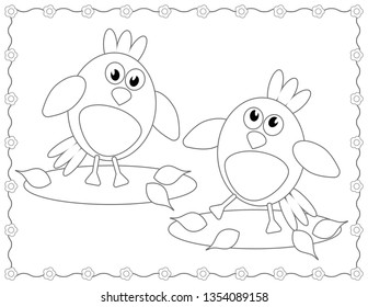 Two simple, thick, geometric, cartoon birds dancing on the lawn with leaves. Flat, contour, black and white, horizontal page for coloring