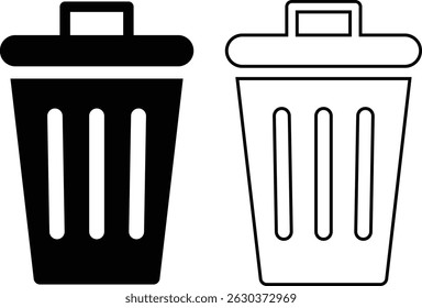 Two simple trash can icons are shown side by side. One is a solid black icon, and the other is an outline icon. Both feature a simple design.