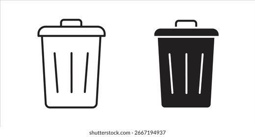 Dois ícones simples de lata de lixo, uma arte de linha e um preto sólido, isolado no branco.