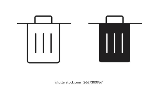 Dos iconos simples de la papelera, uno negro y una línea de arte, aislados en blanco.