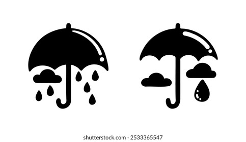 Two simple umbrella illustrations showing variations of rain and clouds on a plain background